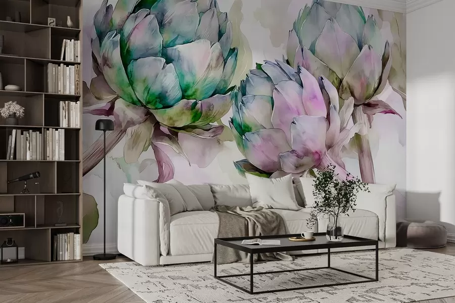 wall murals Артичоке акварел стил, цвеће, љубичаста и зелена w02481