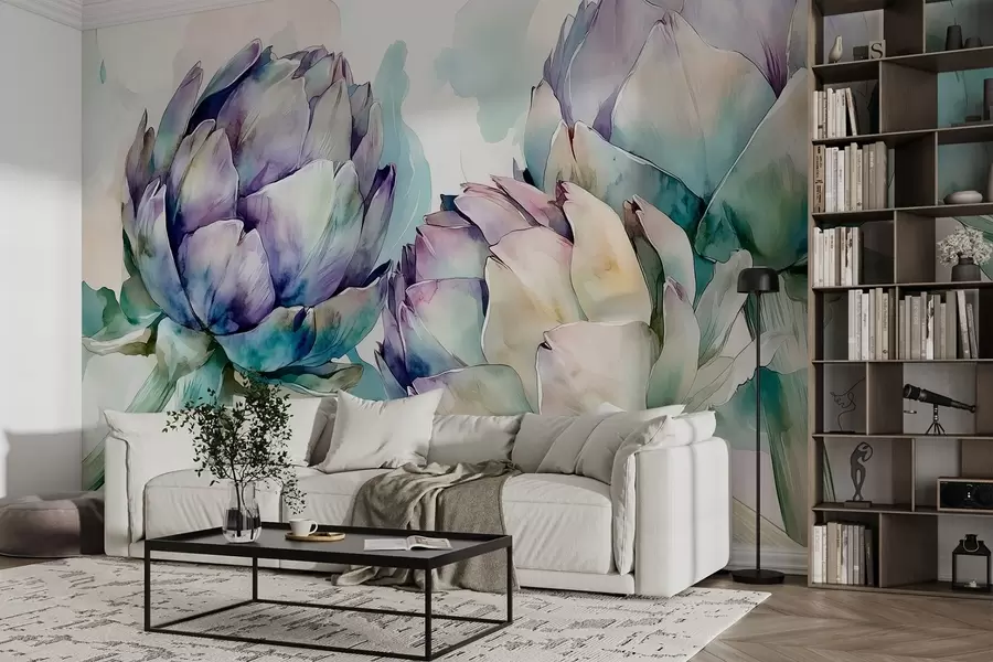 wall murals Артичоке у акварелу, цвеће, розе и зелене w02481v1