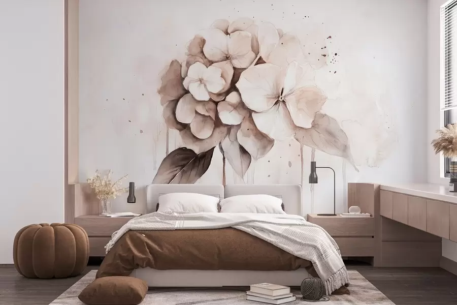 wall murals Цртеж хортензије, стил акварела, беж боје w02483