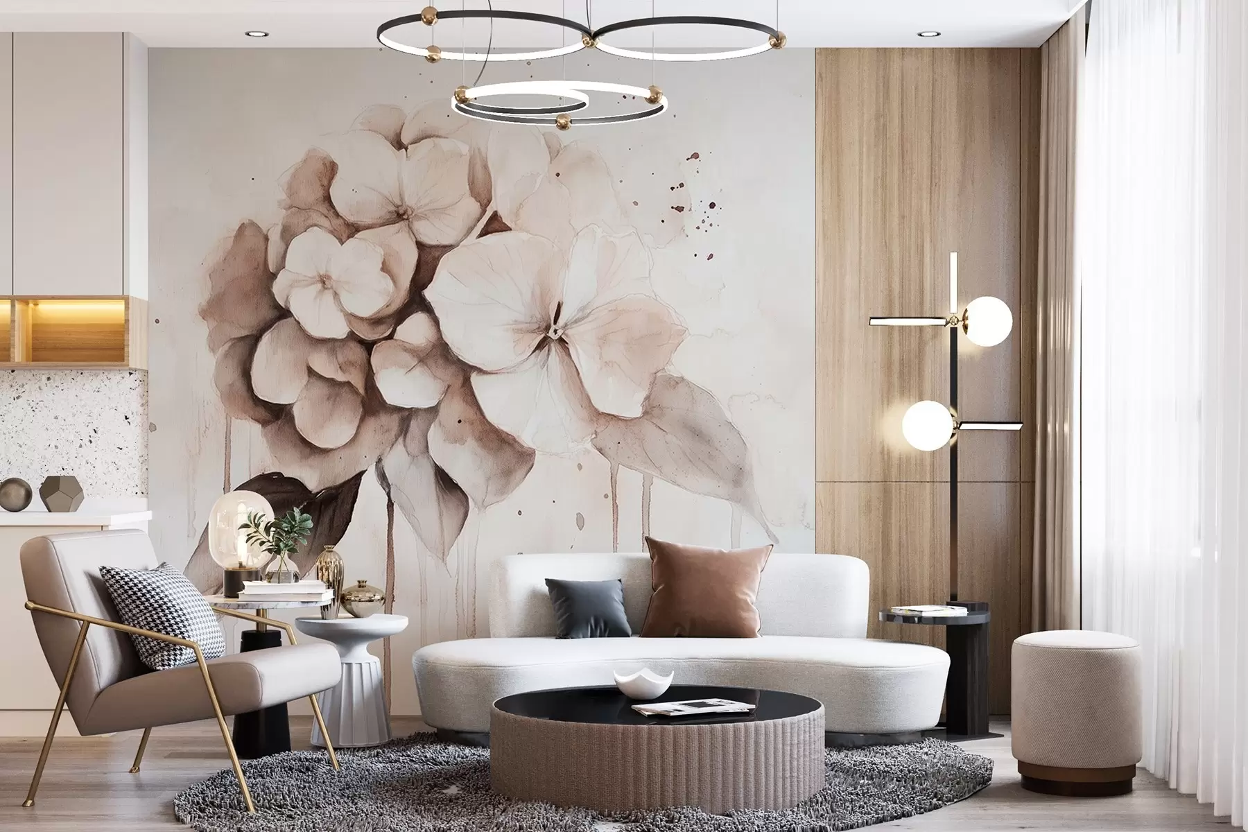 wall murals Цртеж хортензије, стил акварела, беж боје w02483