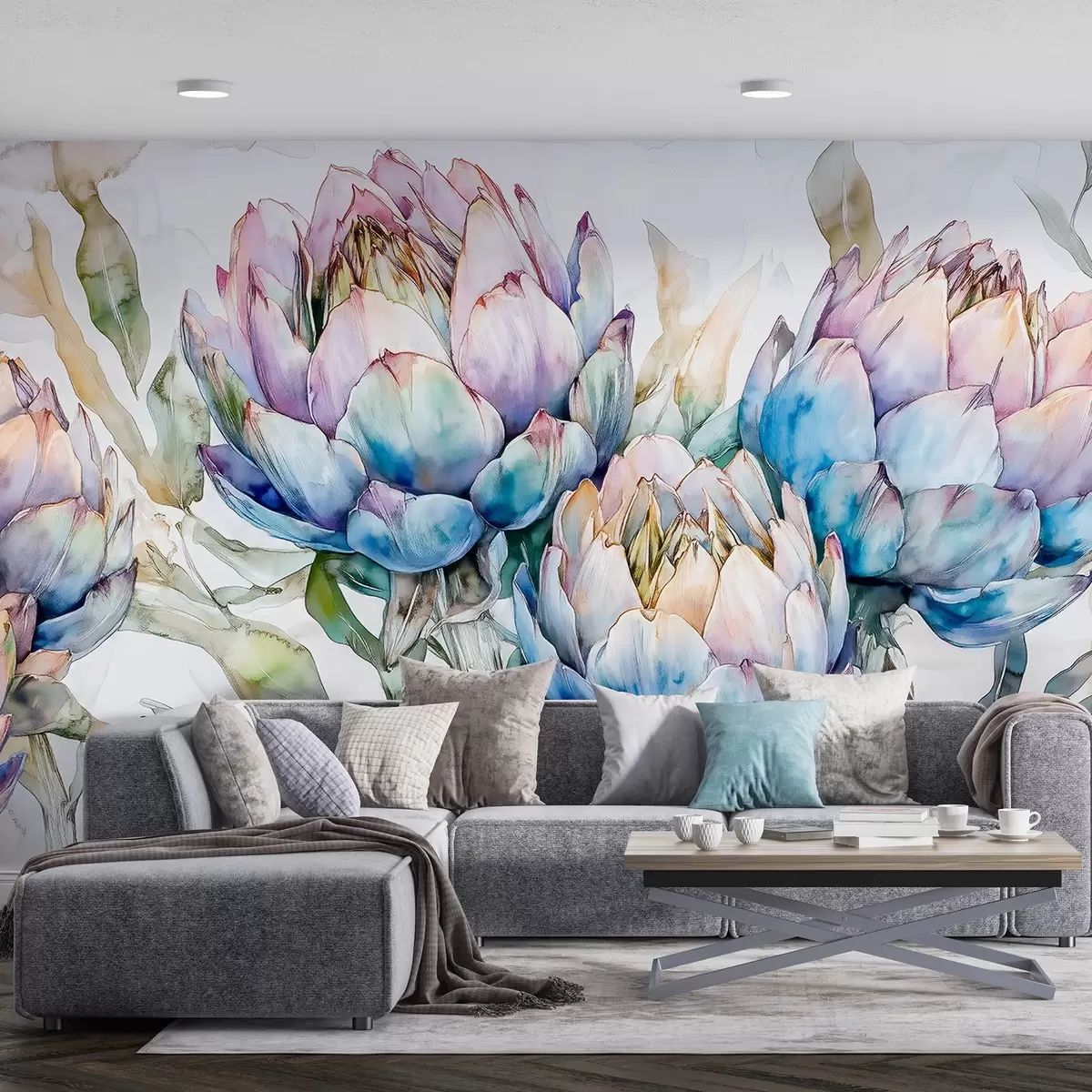 wall murals Цртеж артичоке, стил акварела, цветни, љубичасти, беж, зелени w02484