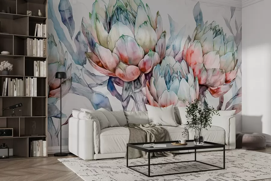 wall murals Цртеж артичоке, стил акварела, цветни, црвени, љубичасти, зелени w02484v1