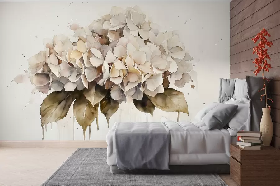 wall murals Цртеж у стилу акварела цвета хортензије, беж боје w02485
