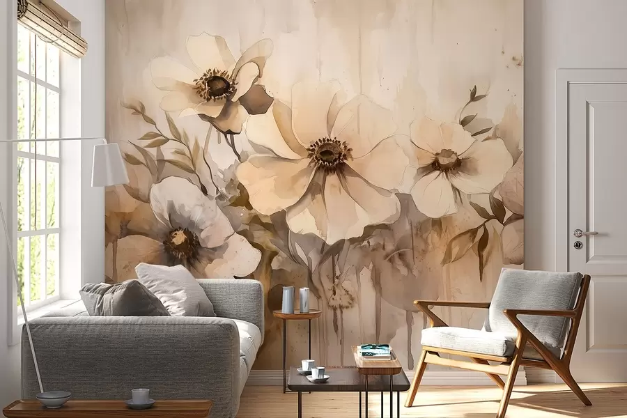 wall murals Рустично цвеће, цртеж у акварелу, беж боје w02487