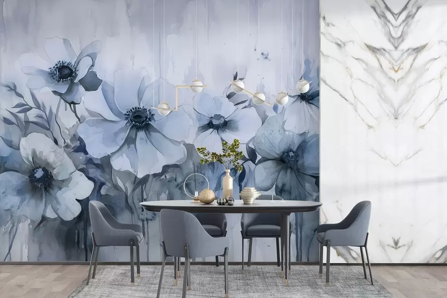 wall murals Рустично цвеће, цртеж у акварелу, плаве боје w02487v1