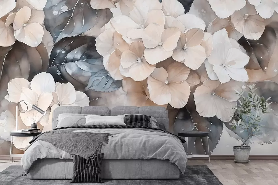 wall murals Цвеће хортензије, цртеж у стилу акварела, беж боје, цветни w02488