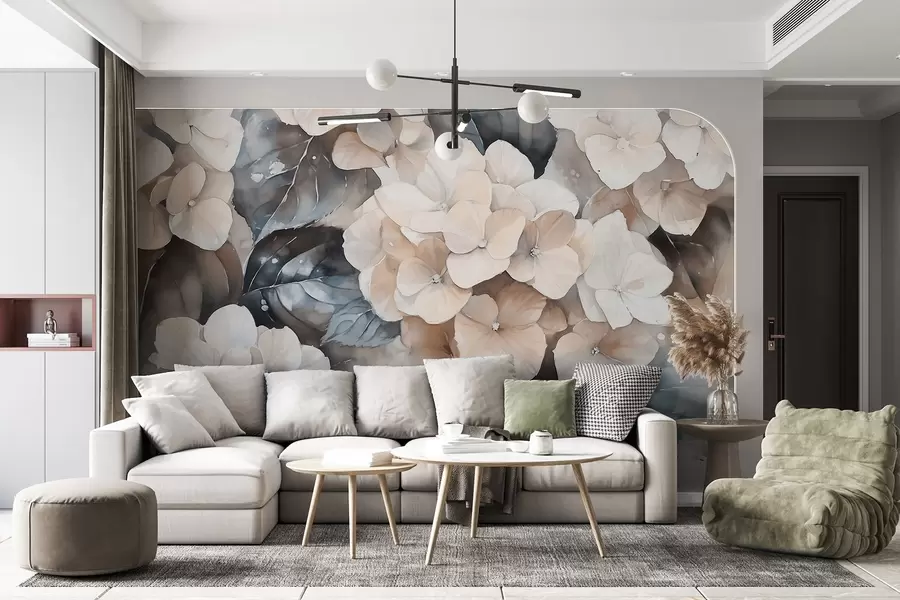 wall murals Цвеће хортензије, цртеж у стилу акварела, беж боје, цветни w02488