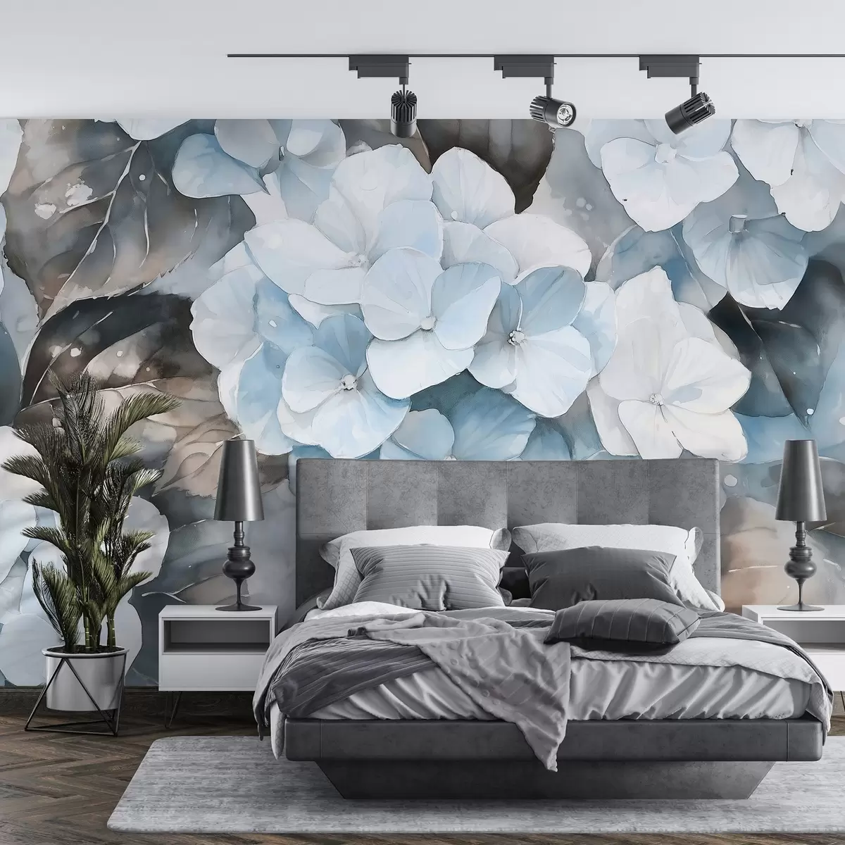 wall murals Цвеће хортензије, цртеж у акварелу, плаве боје, цветни w02488v1