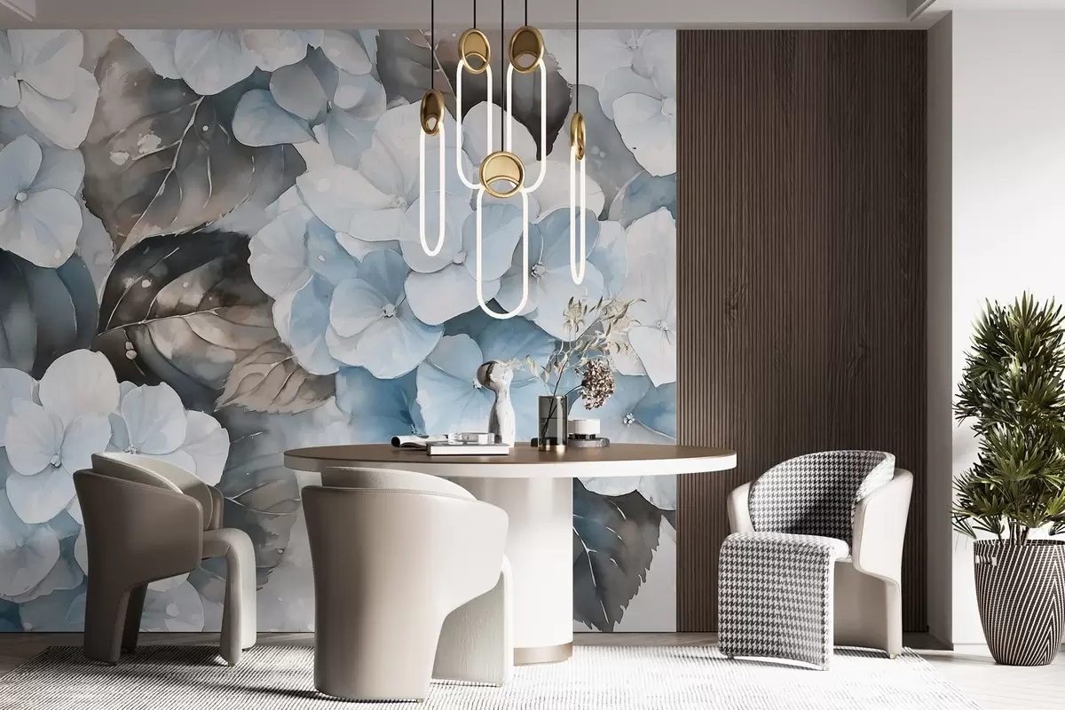 wall murals Цвеће хортензије, цртеж у акварелу, плаве боје, цветни w02488v1