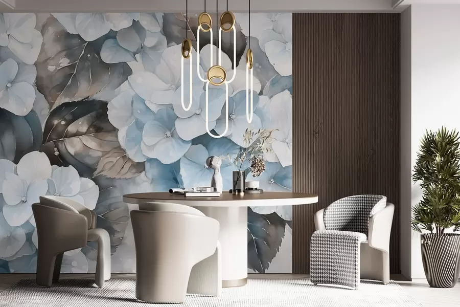 wall murals Цвеће хортензије, цртеж у акварелу, плаве боје, цветни w02488v1