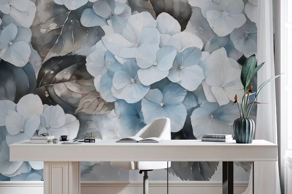 wall murals Цвеће хортензије, цртеж у акварелу, плаве боје, цветни w02488v1