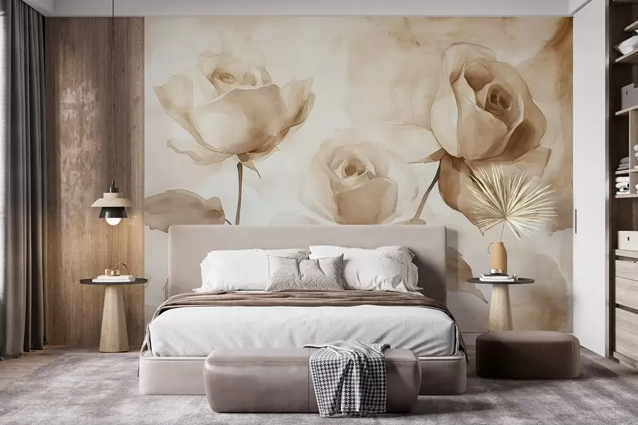 wall murals Беж руже, цвеће, меки цртеж акварела, рустикални, боемски w02490