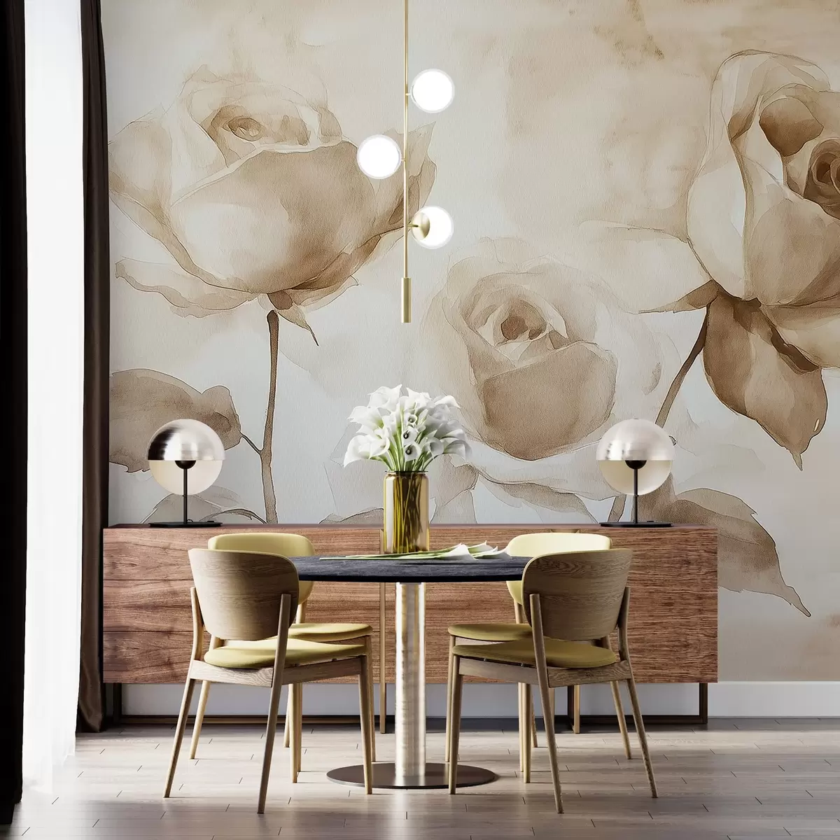 wall murals Беж руже, цвеће, меки цртеж акварела, рустикални, боемски w02490