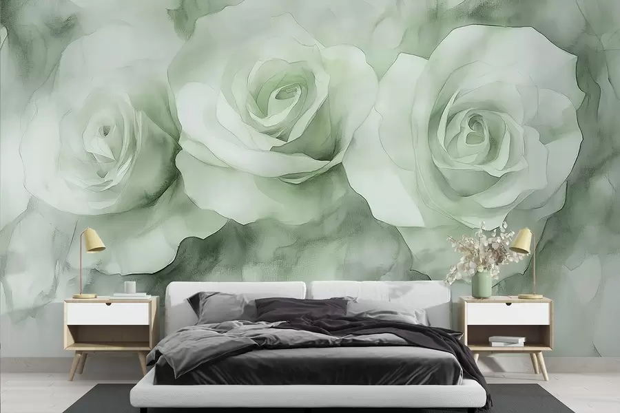 wall murals Прелепе руже, акварел стил, зелене боје, боемски w02492v2