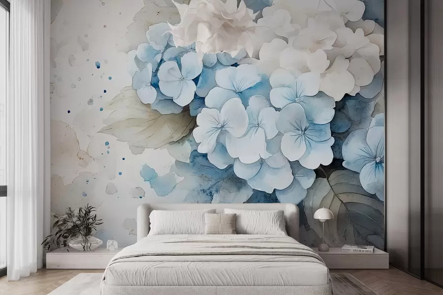 wall murals Цртеж у акварелу цвећа хортензије са листовима, нежне природне боје w02493