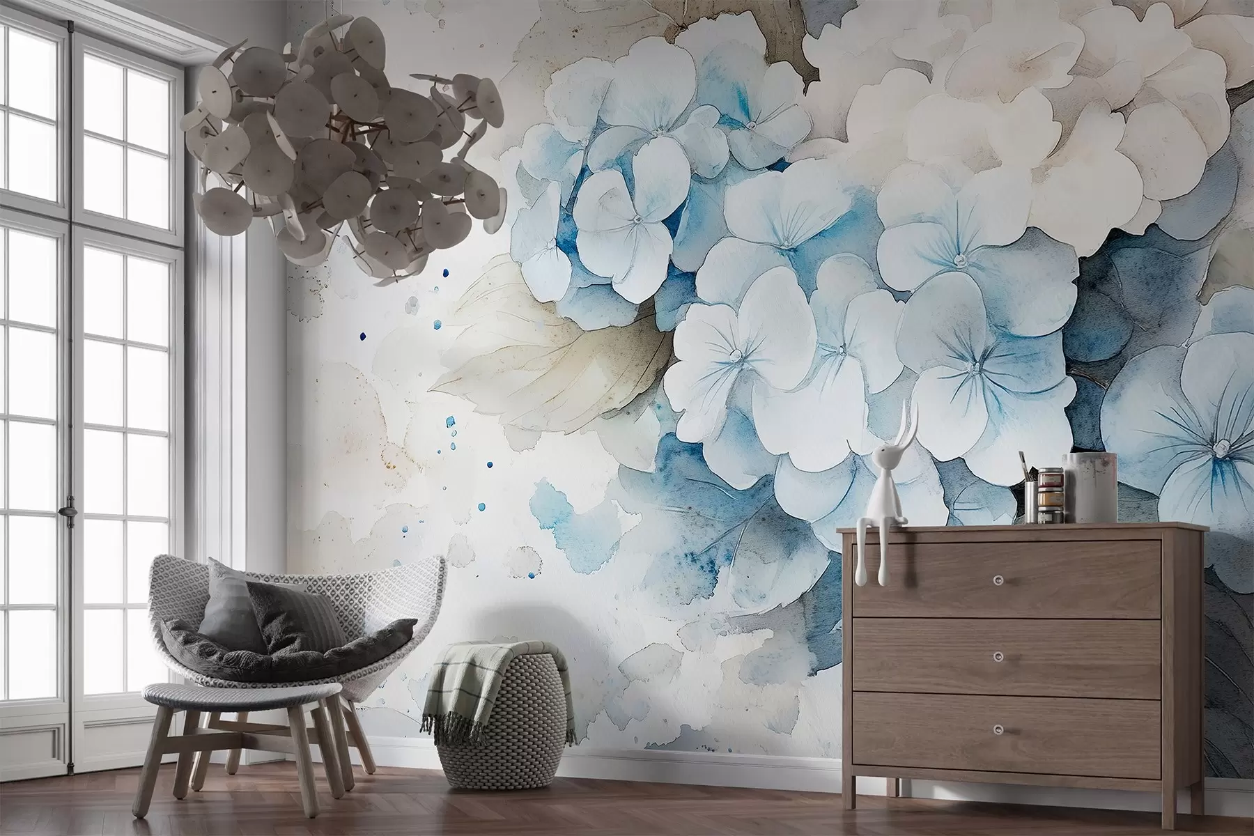 wall murals Цртеж у акварелу цвећа хортензије са листовима, нежне природне боје w02493