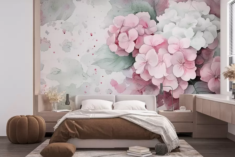 wall murals Цртеж у стилу акварела цвећа хортензије са листовима, нежно розе и зелене боје w02493v1