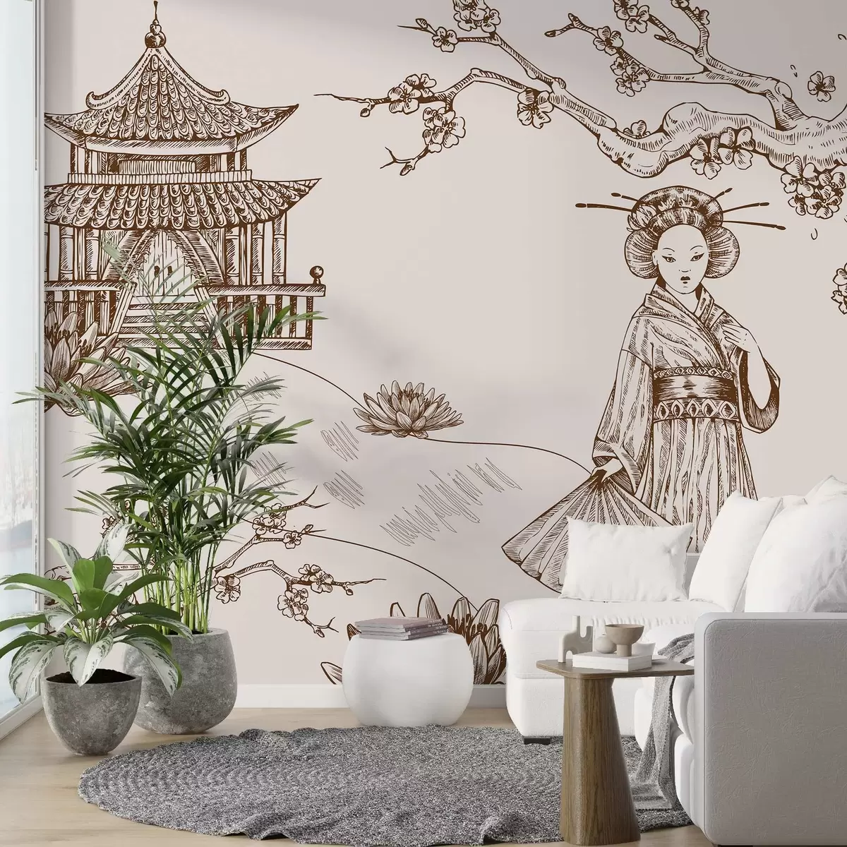 wall murals Стара кућа у азијском стилу, девојка у традиционалној одећи, цвет трешње w02534