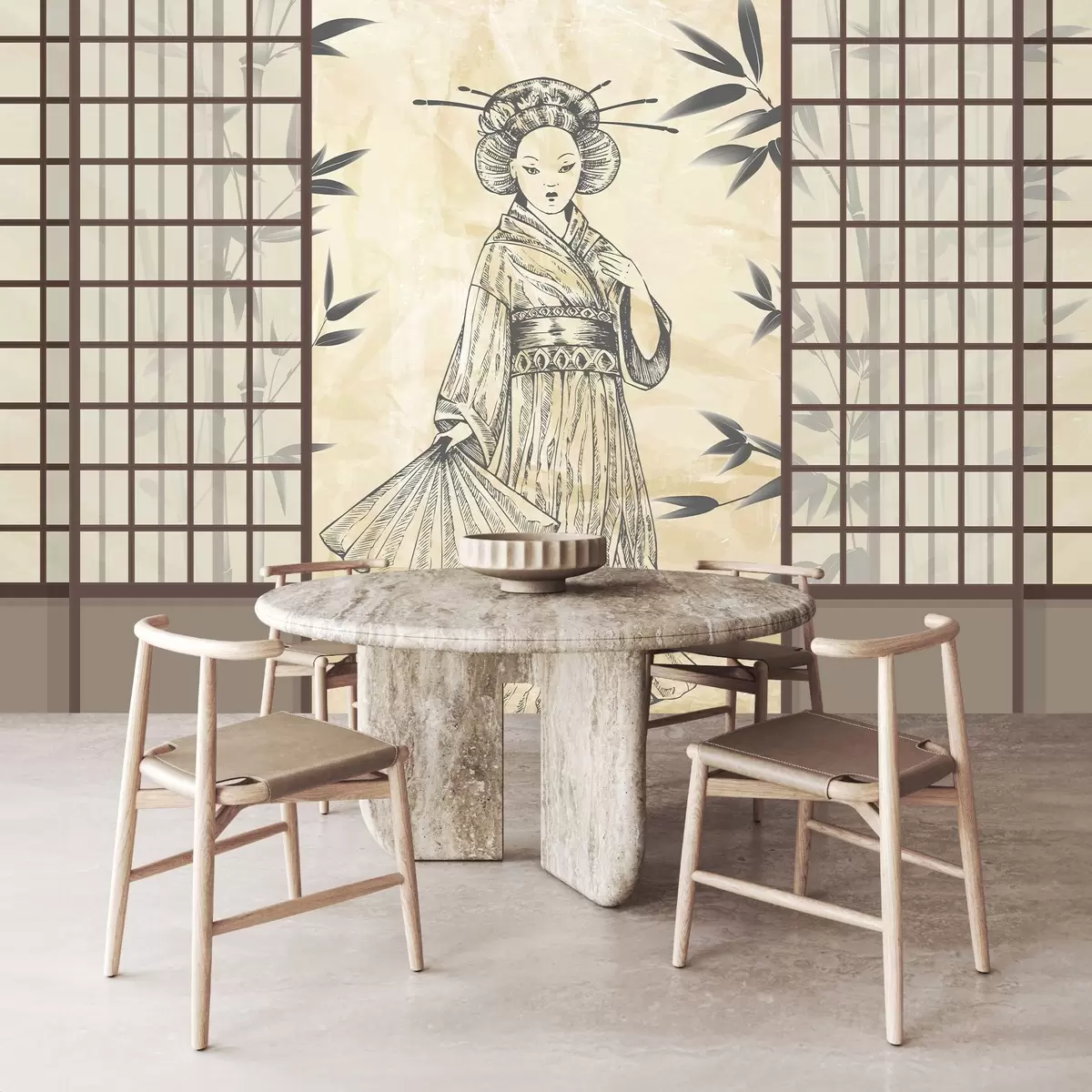 wall murals Стара кућа у азијском стилу, девојка у традиционалној одећи, цветови трешње, цветови трешње, Схоји w02535