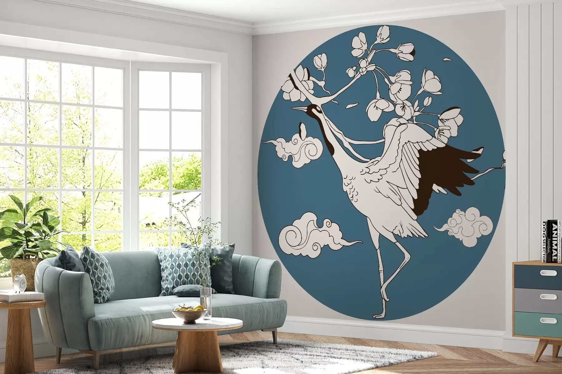 wall murals Цртеж у кругу, цвеће, облаци у јапанском стилу, ждрал, плави део w02538