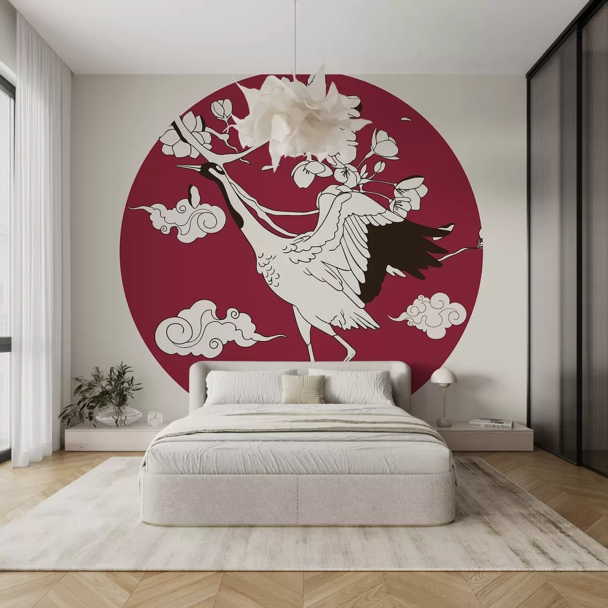 wall murals Цртеж у кругу, цвеће, облаци у јапанском стилу, ждрал, црвени део w02538v1