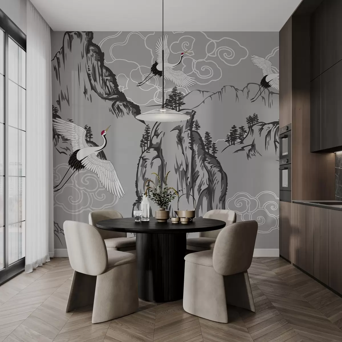 wall murals Планине и ждралови у јапанском стилу, у сивим тоновима w02544v1