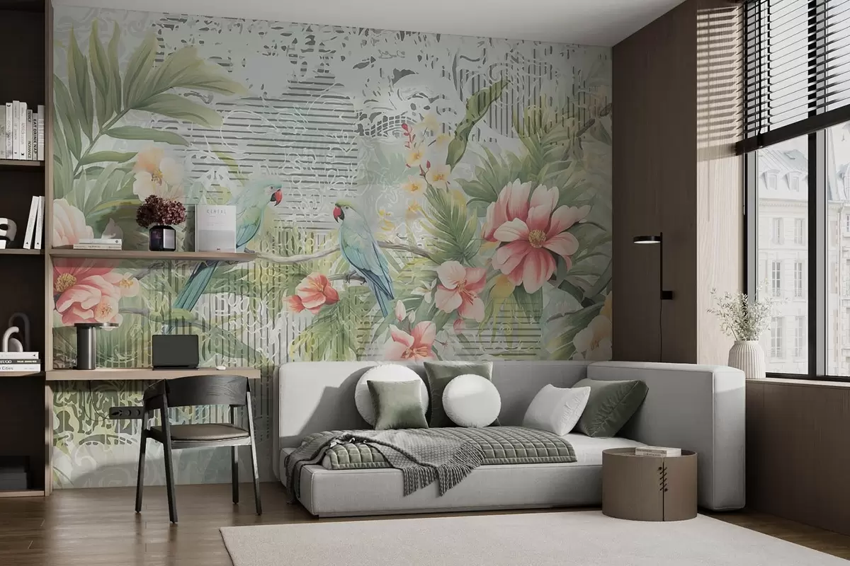 wall murals Папагаји у тропском грмљу w08508