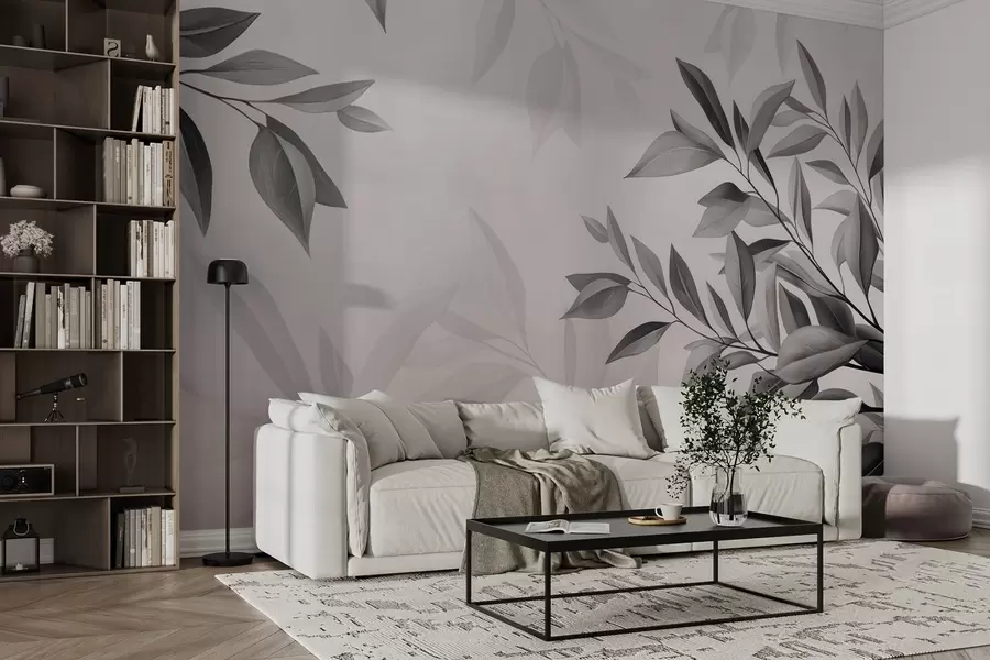 wall murals Тамноплаве гране са листовима на сивој позадини w08499v1