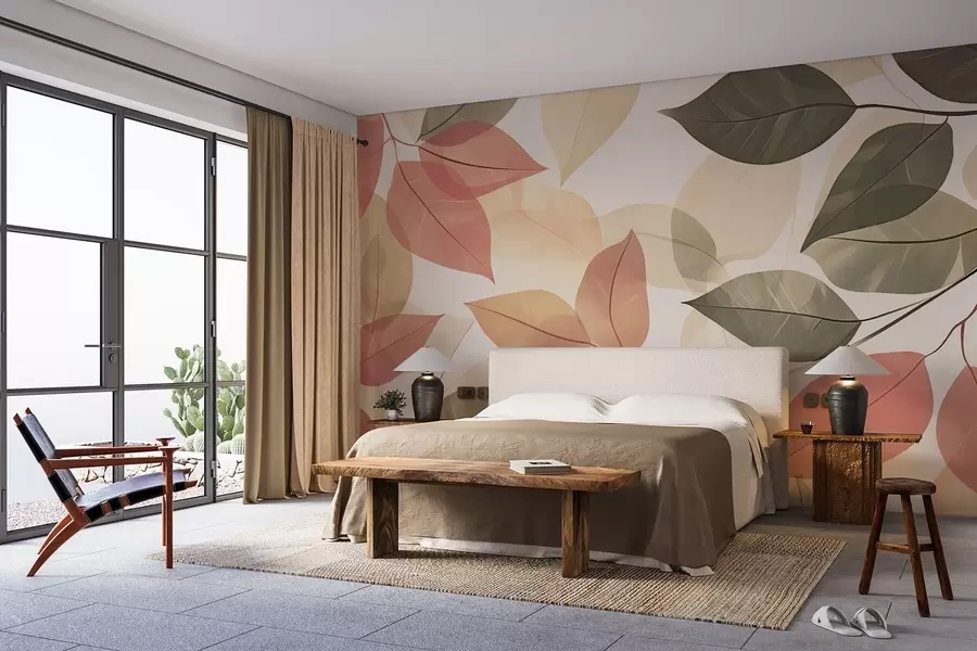 wall murals Гране листова у црвеним и зеленим тоновима w08502