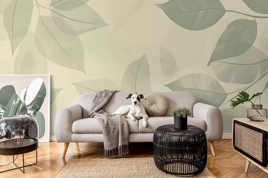 wall murals Гране зеленог лишћа на мекој беж позадини w08502v2