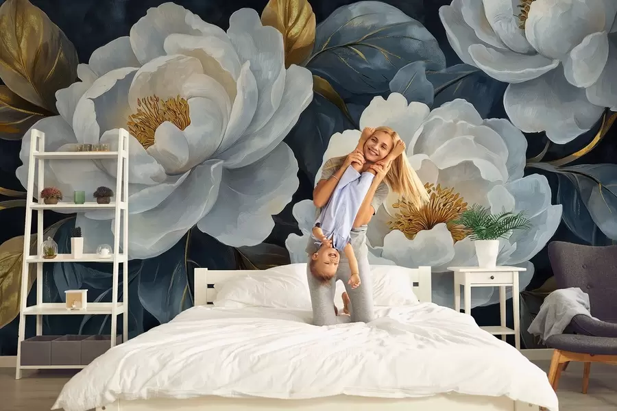 wall murals Бујни бели божури на плавој позадини у сликарском стилу w02315