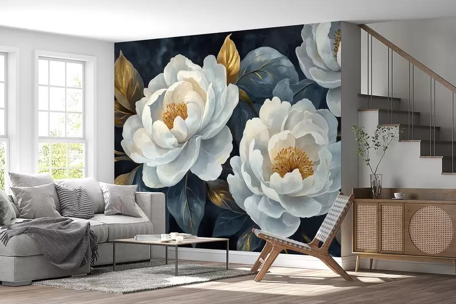 wall murals Бујни бели божури на плавој позадини у сликарском стилу w02315