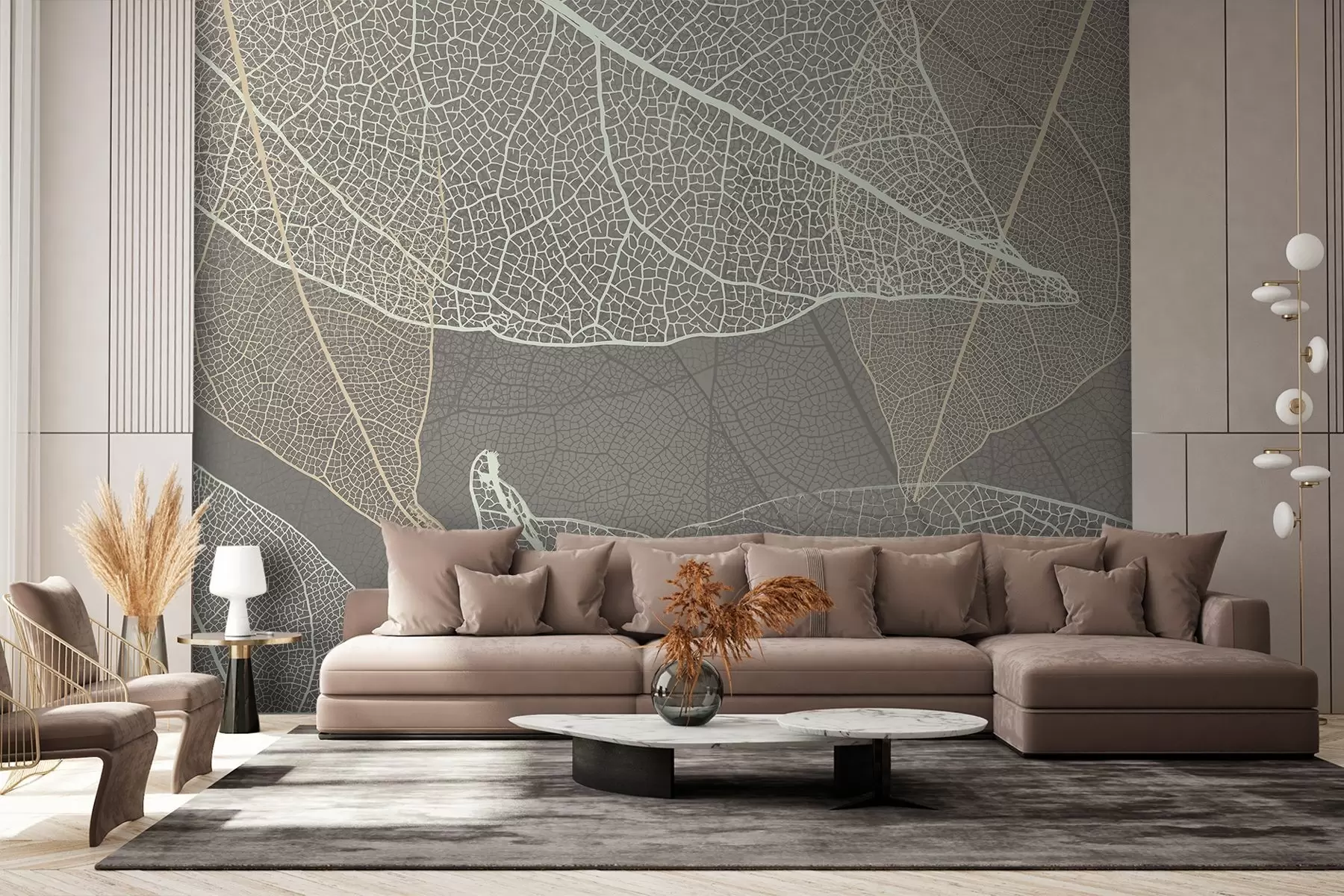 wall murals крупни план листова са жилама у топлим сивим тоновима w02520v2
