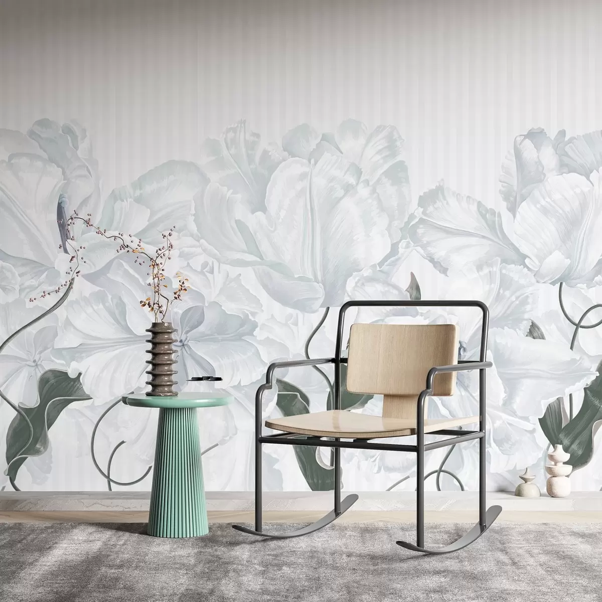 wall murals нежно сиво цвеће на пругастој позадини w02565v1