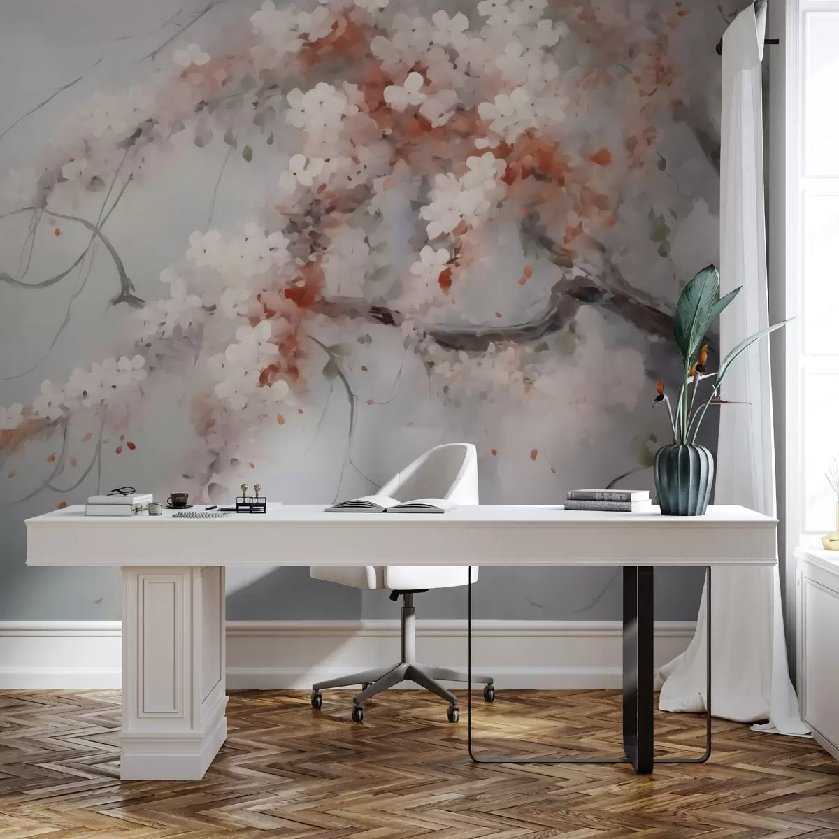 wall murals Апстрактна грана са белим и црвеним цветовима имитацијом слике w02594