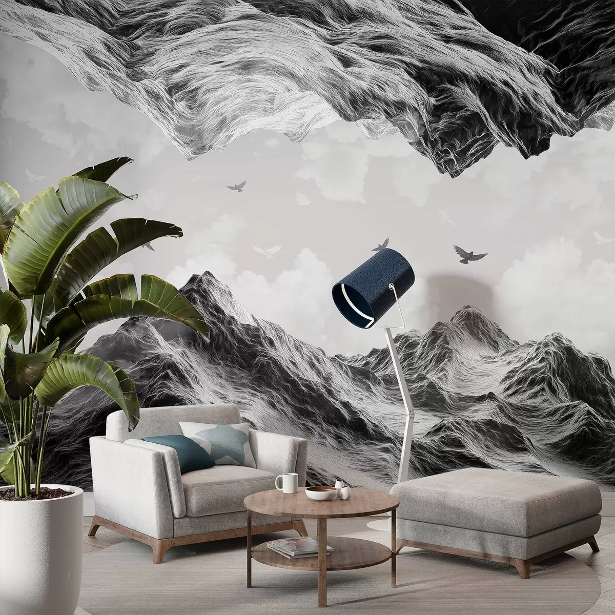 wall murals Планински пејзаж, реализам, летеће птице, природа, облаци, црно-беле боје w02514