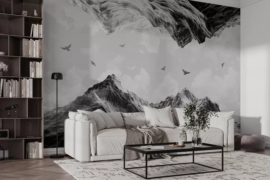 wall murals Планински пејзаж, реализам, летеће птице, природа, облаци, црно-беле боје w02514