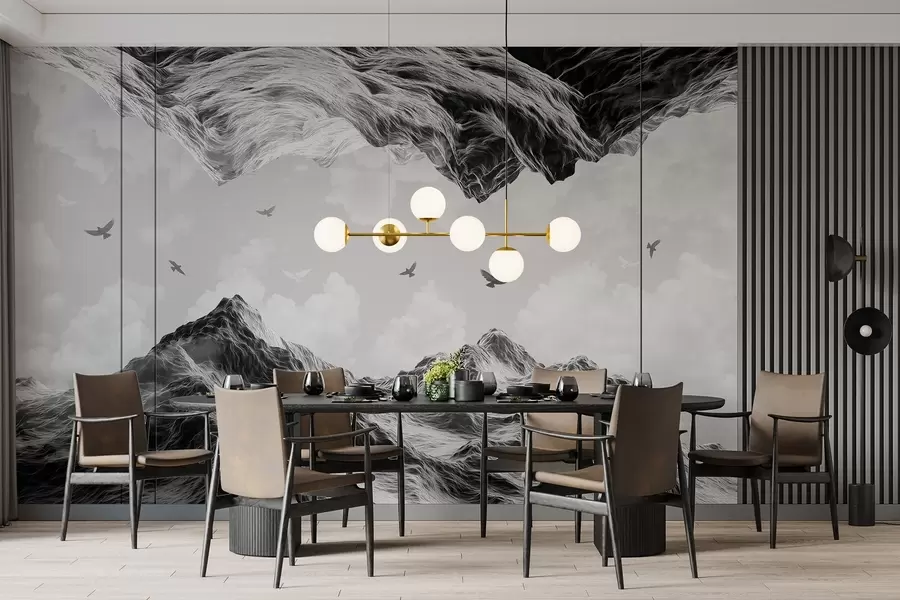 wall murals Планински пејзаж, реализам, летеће птице, природа, облаци, црно-беле боје w02514