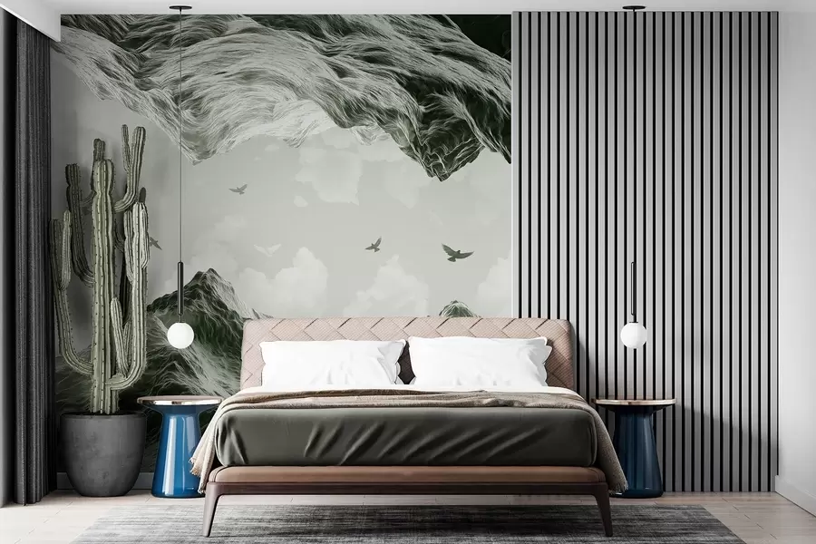wall murals Планински пејзаж, реализам, летеће птице, природа, облаци, зелене боје w02514v3