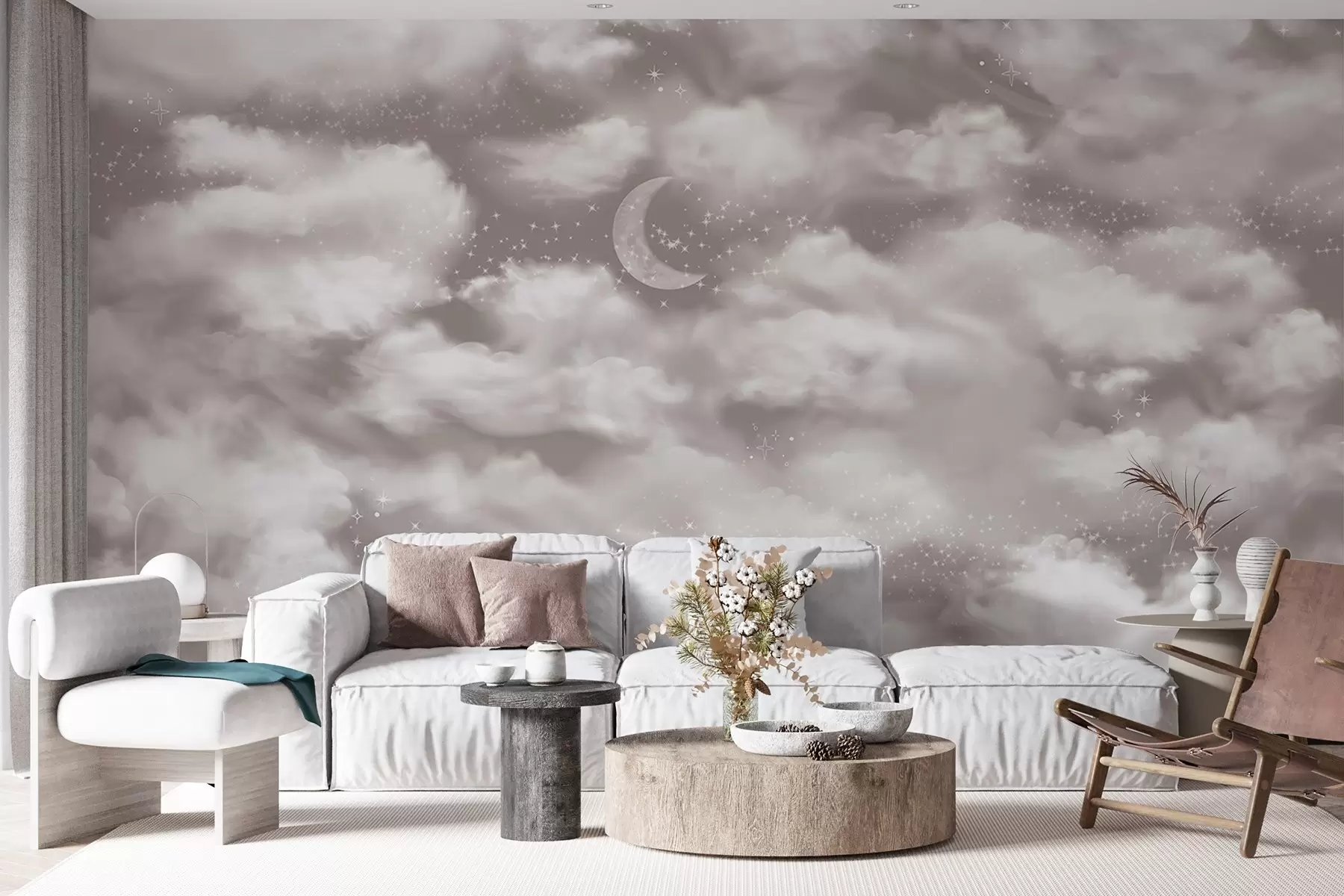 wall murals Звездано небо са месецом и облацима, сањиве, етеричне, нежне беж боје w02515