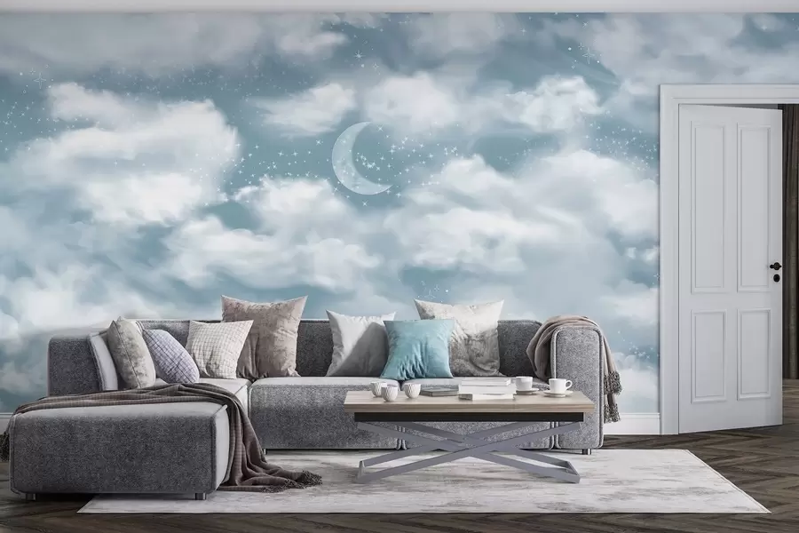 wall murals Звездано небо са месецом и облацима, сањиве, етеричне, нежно плаве боје w02515v1