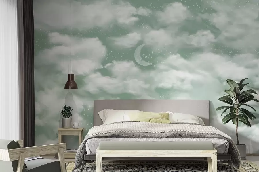 wall murals Звездано небо са месецом и облацима, сањиве, етеричне, нежно зелене боје w02515v2