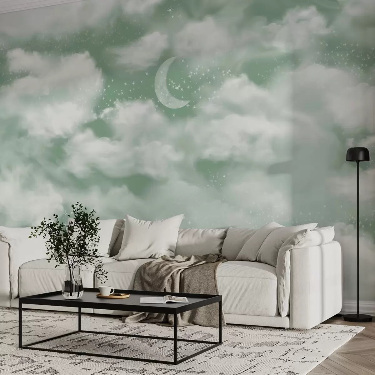 wall murals Звездано небо са месецом и облацима, сањиве, етеричне, нежно зелене боје w02515v2