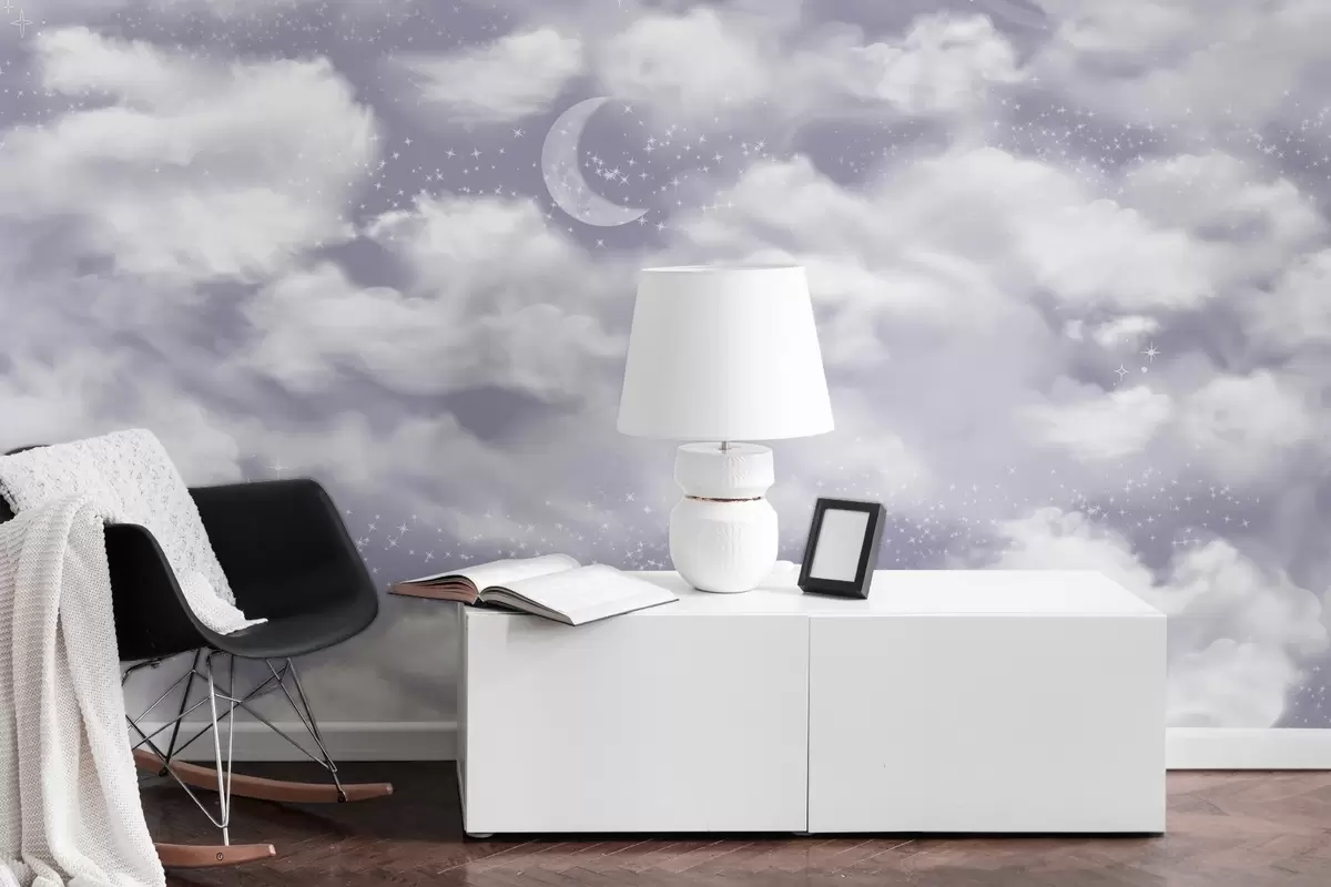 wall murals Звездано небо са месецом и облацима, сањиве, етеричне, нежне љубичасте боје w02515v4