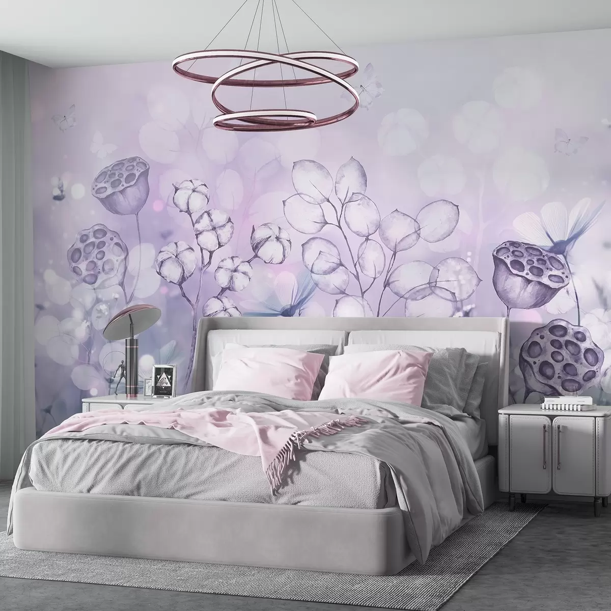 wall murals Сањиви цветни врт, лептир, цвеће памука, лотоси, љубичасте боје w02516v1