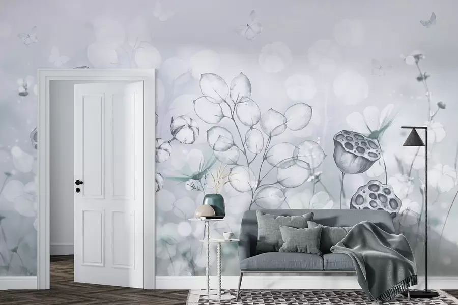 wall murals Сањиви цветни врт, лептир, цвеће памука, лотоси, сиве боје w02516v2