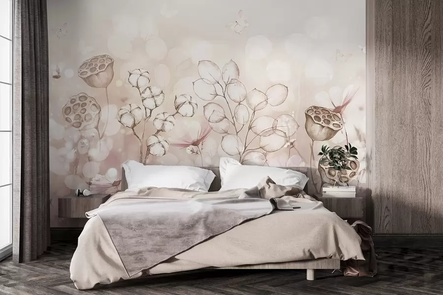 wall murals Сањиви цветни врт, лептир, цвеће памука, лотоси, беж боје w02516v3