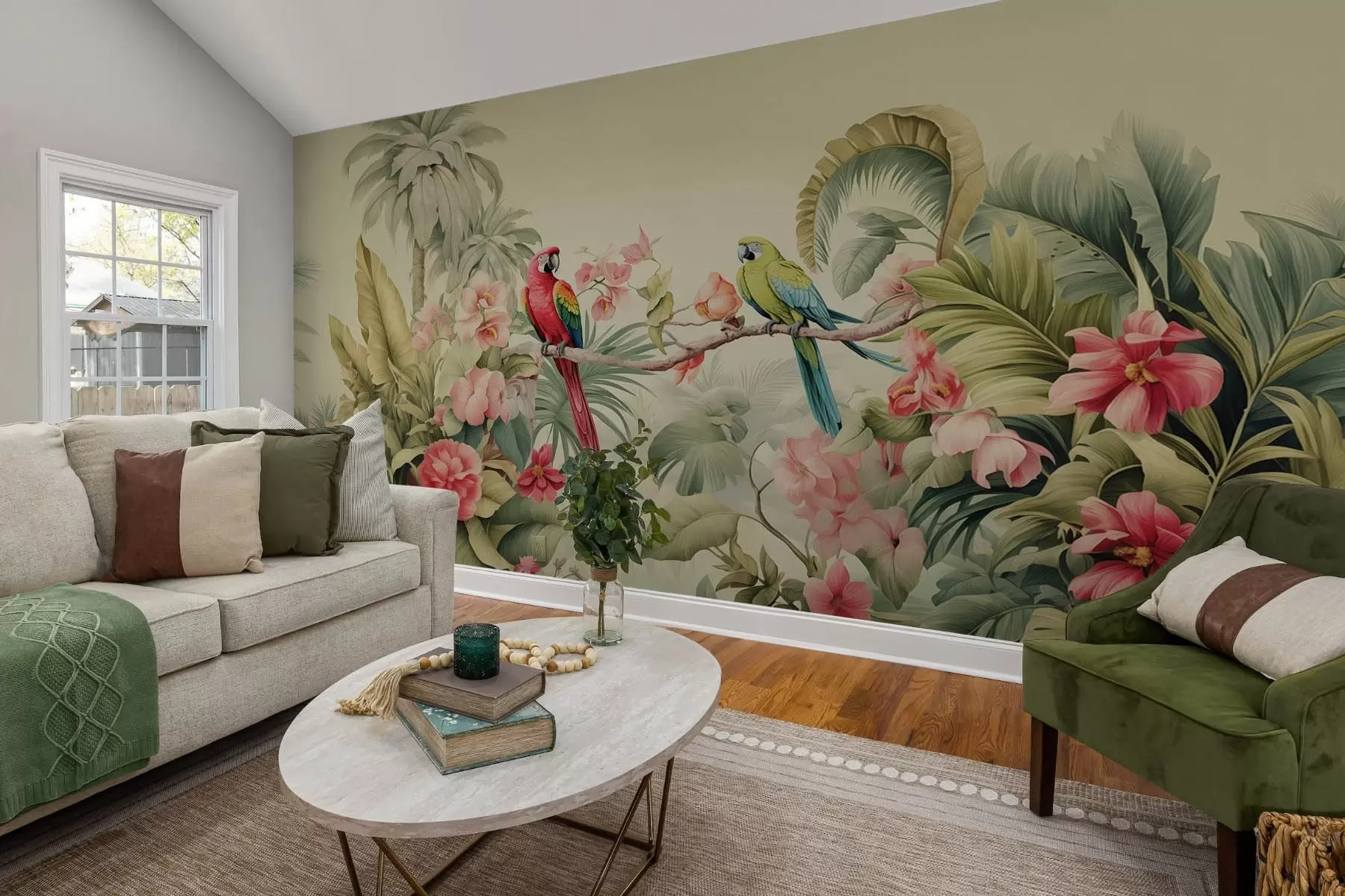 wall murals Два папагаја у тропском грмљу w08507