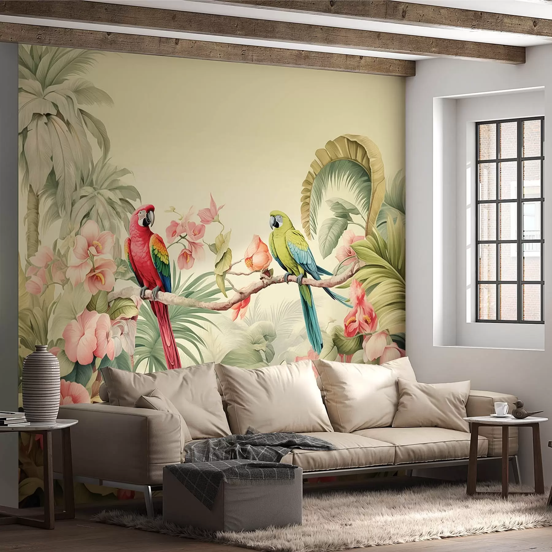 wall murals Два папагаја у тропском грмљу w08507