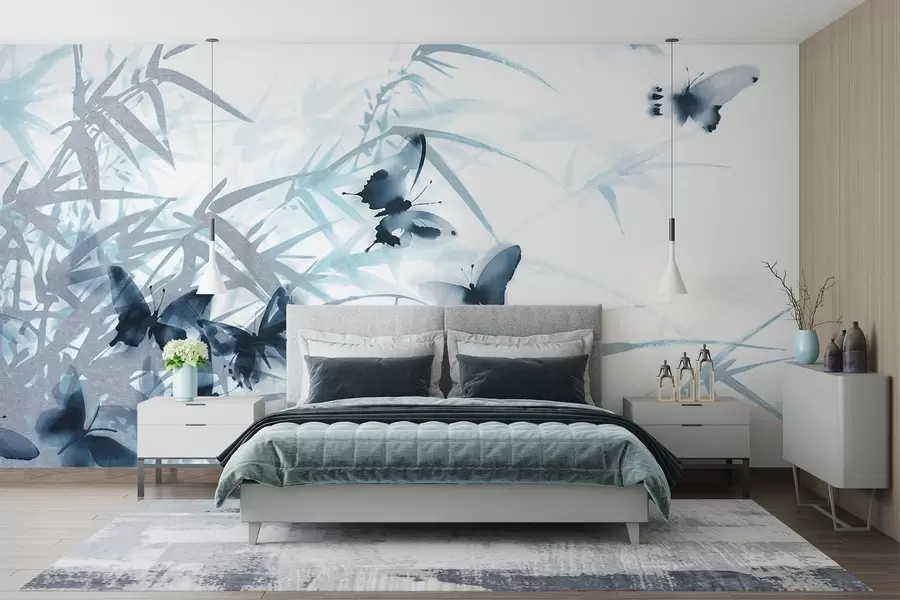 wall murals Текстурни бамбусови листови и стабљике са летећим плавим лептирима са провидним крилима w08524